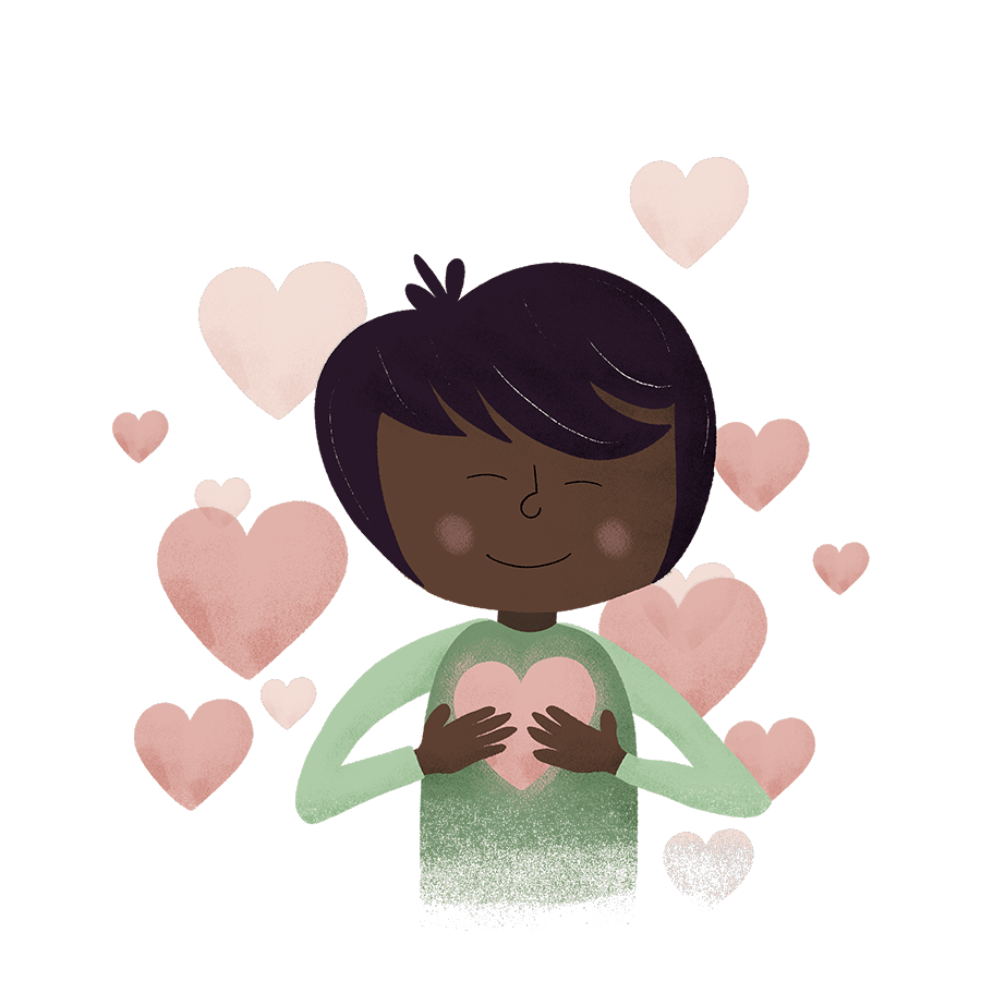 A smiling child hugs a pink heart, surrounded by floating hearts