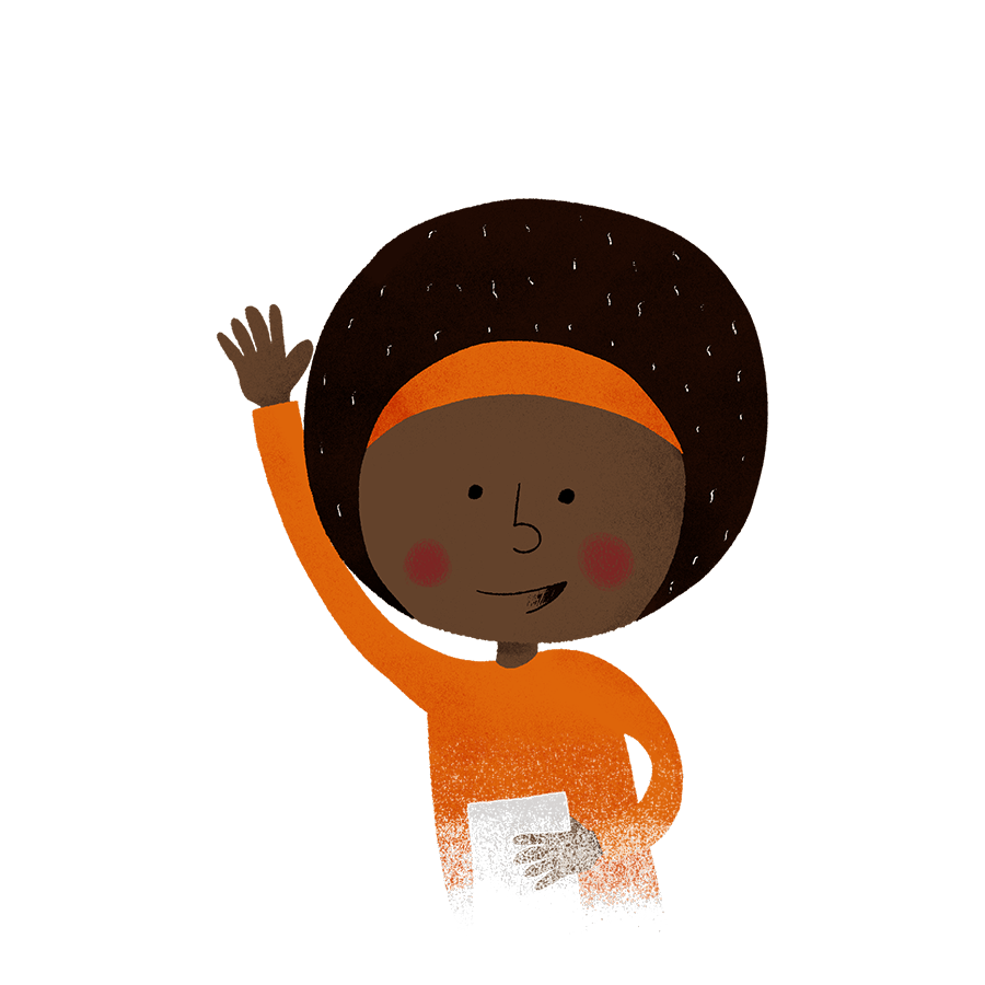 A smiling child in an orange headband waves and holds up a drawing