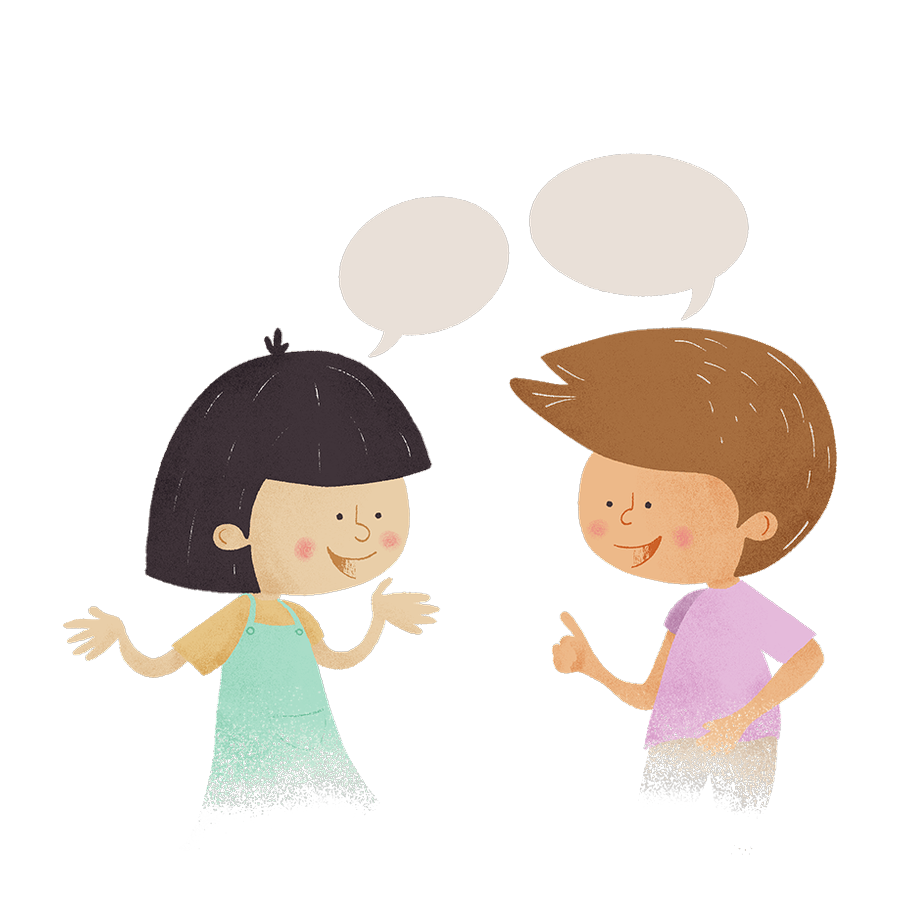 Two children chat and smile, with speech bubbles above them