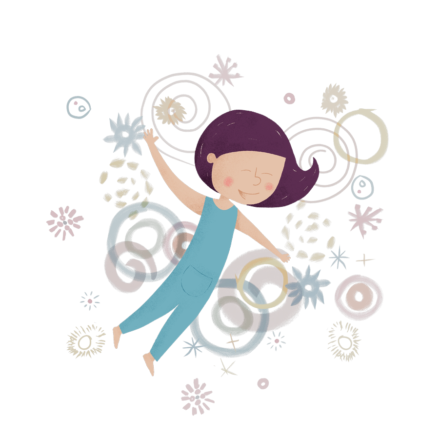 A happy girl in blue overalls floats among flowers, stars, and circles