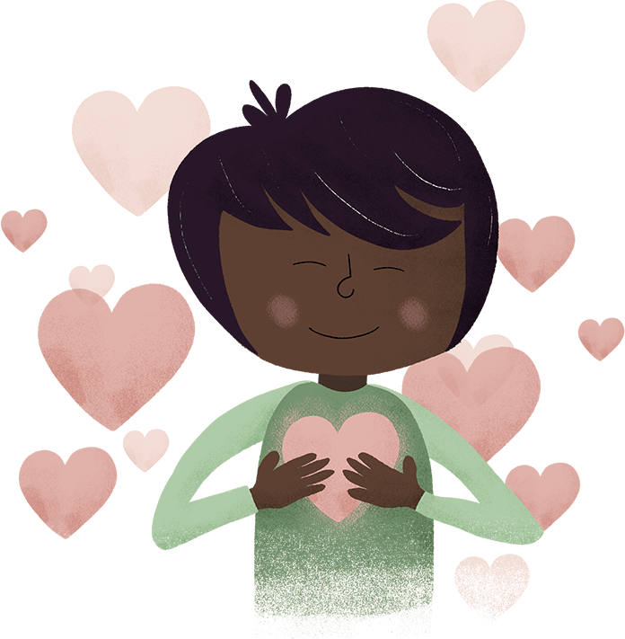 A smiling child hugs a pink heart, surrounded by floating hearts
