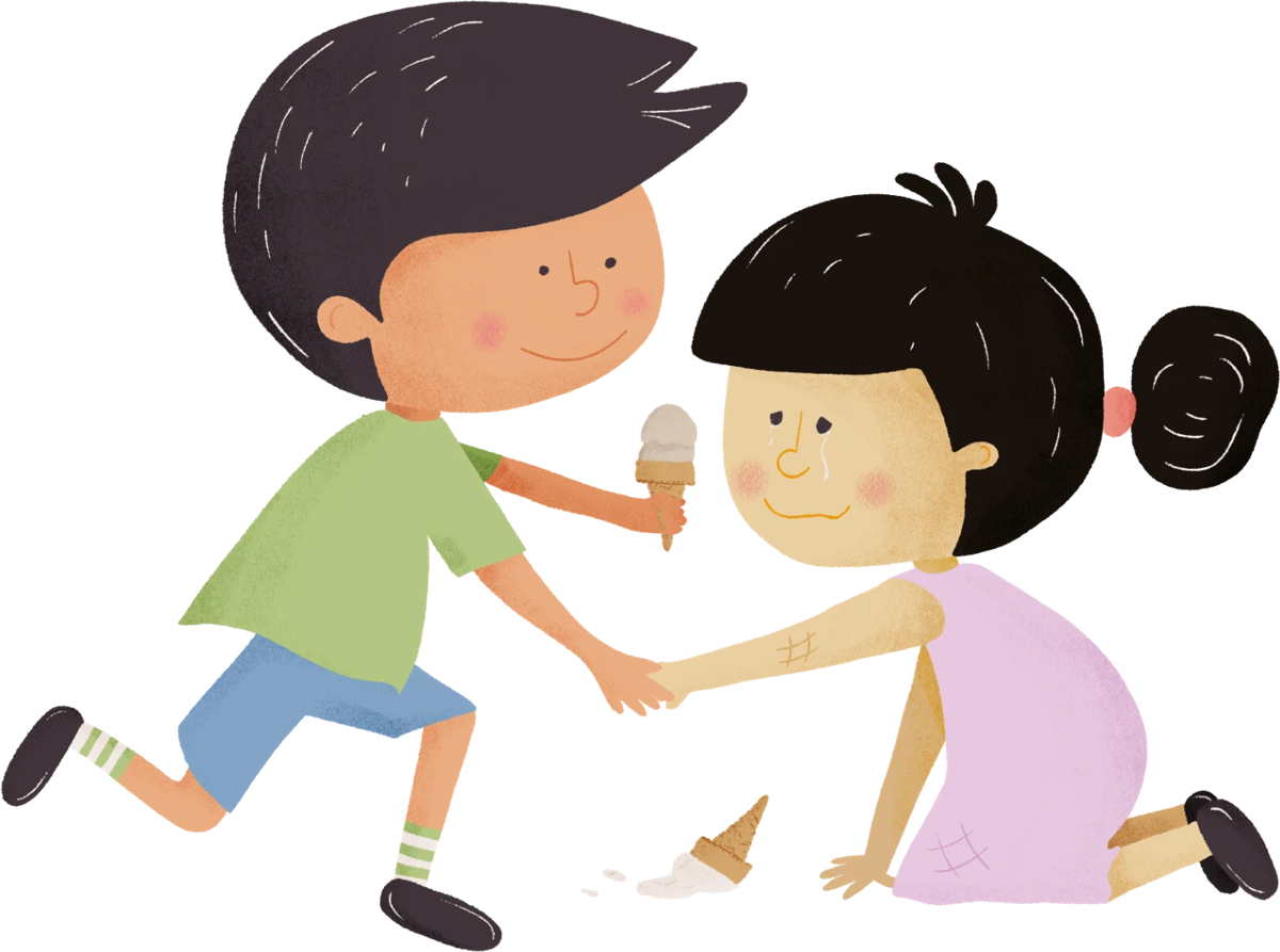 A boy offers his ice cream to a girl who has dropped hers and helps her up