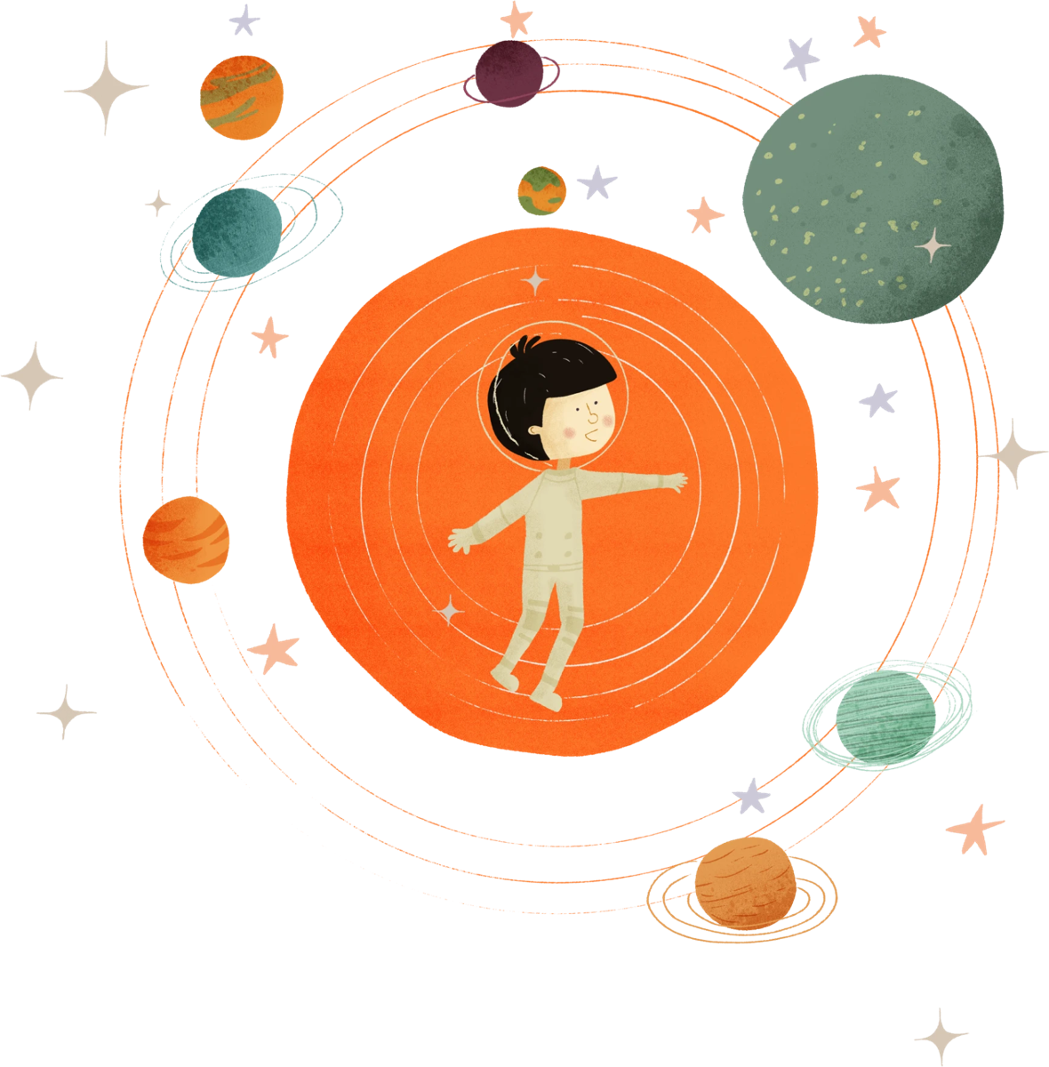 A child in a space suit floats among planets and stars