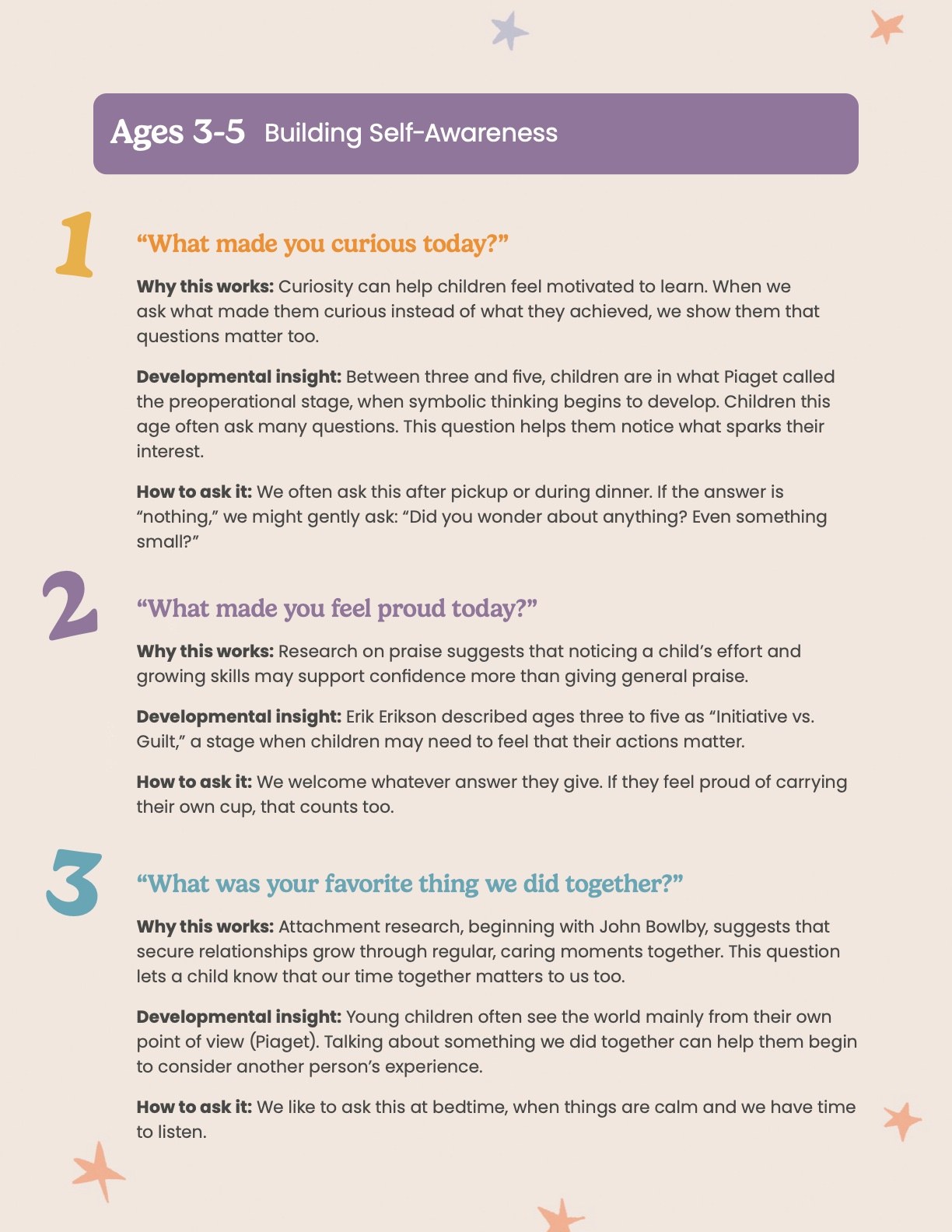 An inside page of the guide, with three questions for ages 3 to 5