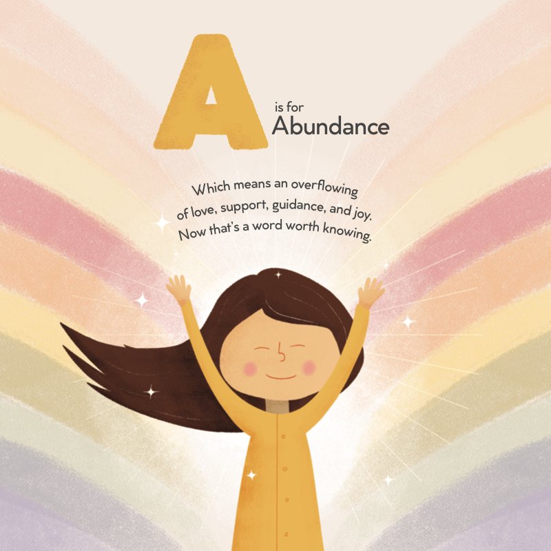 The A is for Abundance page: a child with arms raised in front of a rainbow