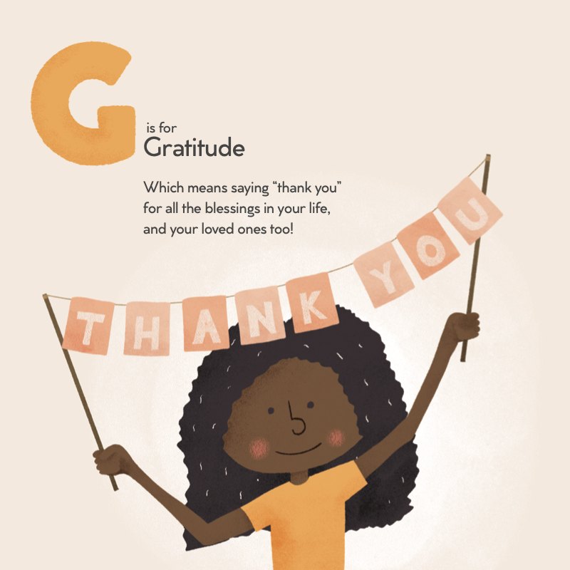 The G is for Gratitude page: a child holding up a thank-you banner