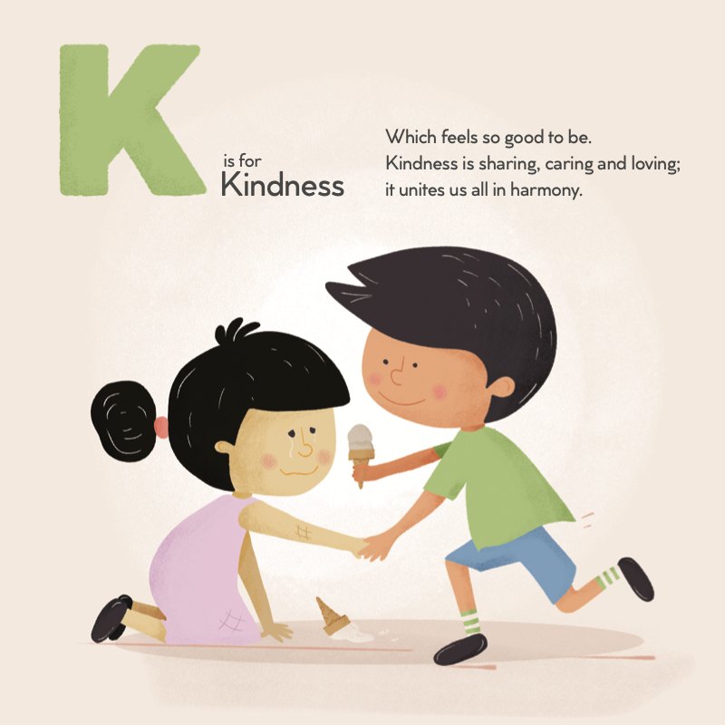 The K is for Kindness page: a child sharing an ice cream with a friend who dropped theirs