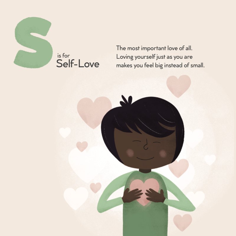 The S is for Self-Love page: a smiling child hugging a heart, surrounded by hearts