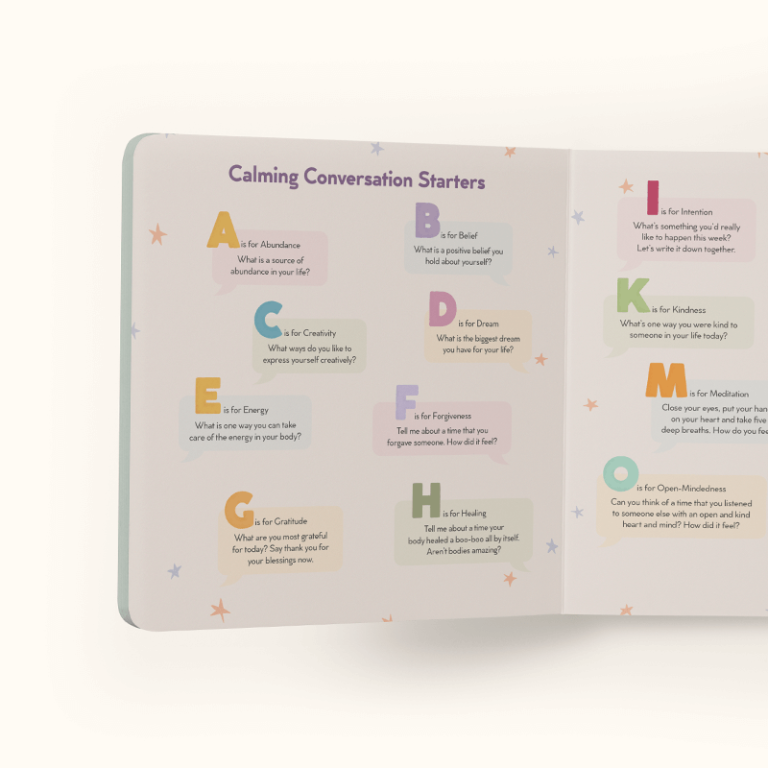 The Calming Conversation Starters pages at the back of the book, with a question for each letter